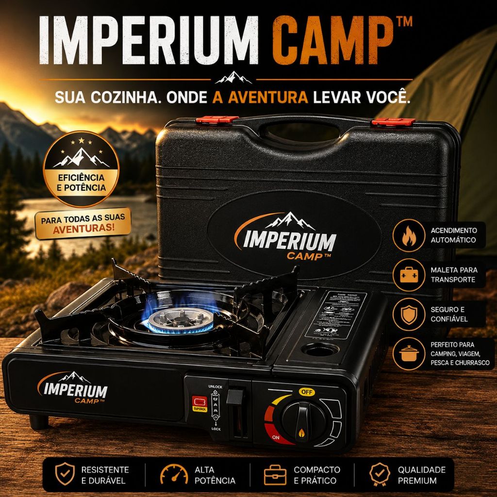 Fogareiro Portátil Imperium Camp Acendimento Automático, Maleta Exclusiva e Potência para Camping, Churrasco e Aventura