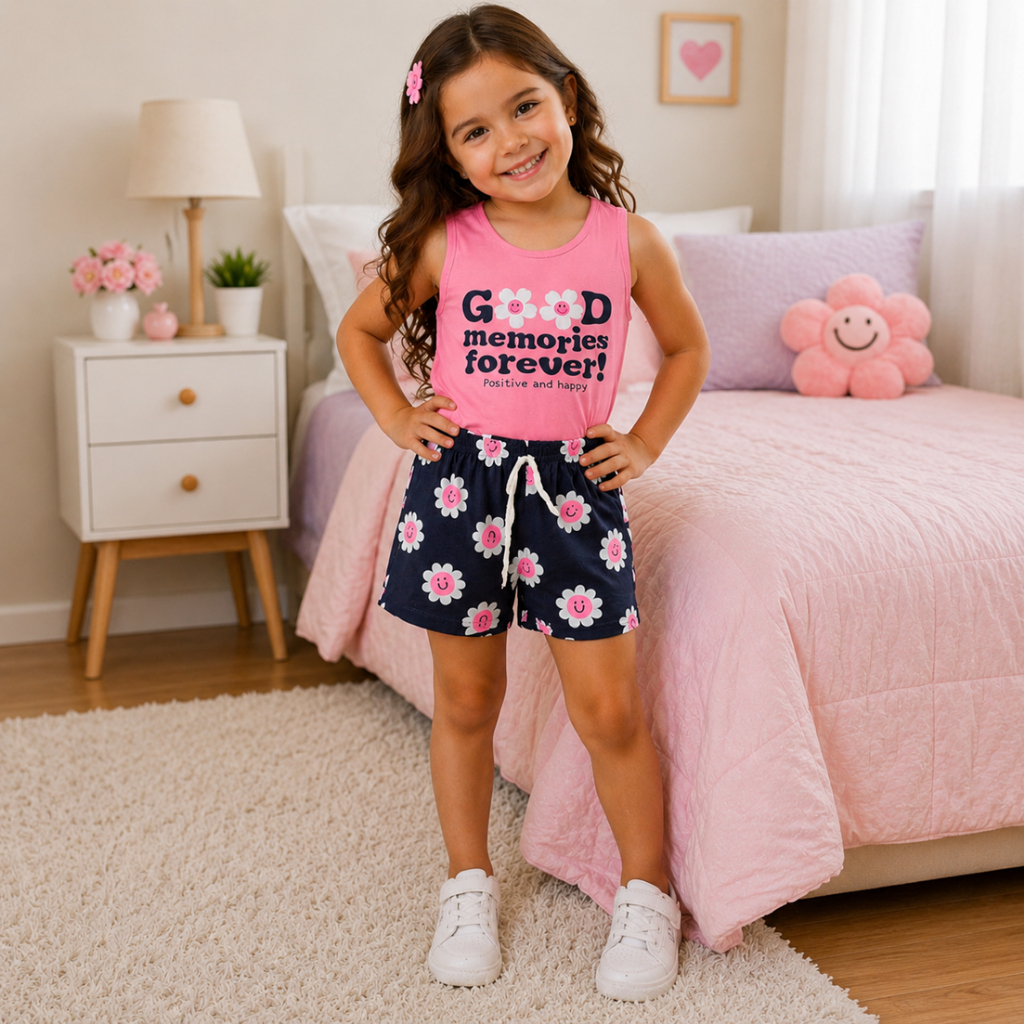 Conjunto Infantil Menina Blusa Regata em Malha Com Estampa e Bermuda em Cotton Estampada