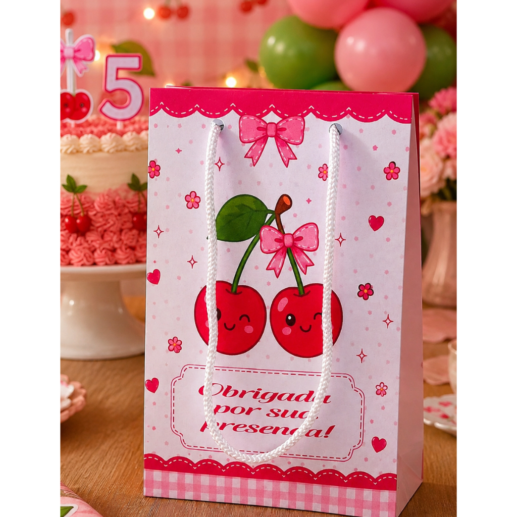 Sacolinhas Personalizadas Cerejinha | Sacola Lembrancinha Festa Infantil | Kit 10 Unidades