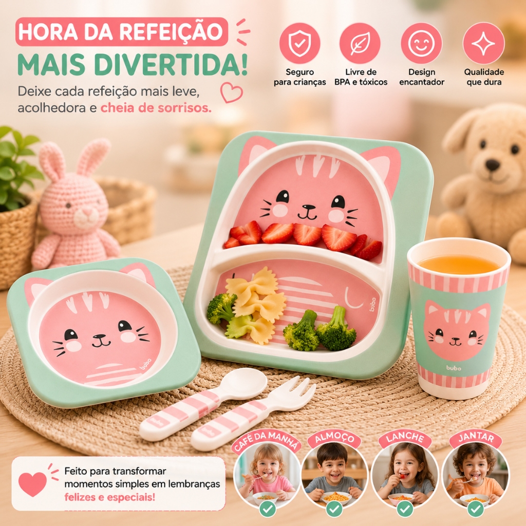 Kit Alimentação Infantil Gato 5 Peças Prato com Divisórias Tigela Copo Colher e Garfo Antialérgico Livre de BPA Resisten