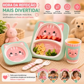 Kit Alimentação Infantil Gato 5 Peças Prato com Divisórias Tigela Copo Colher e Garfo Antialérgico Livre de BPA Resisten