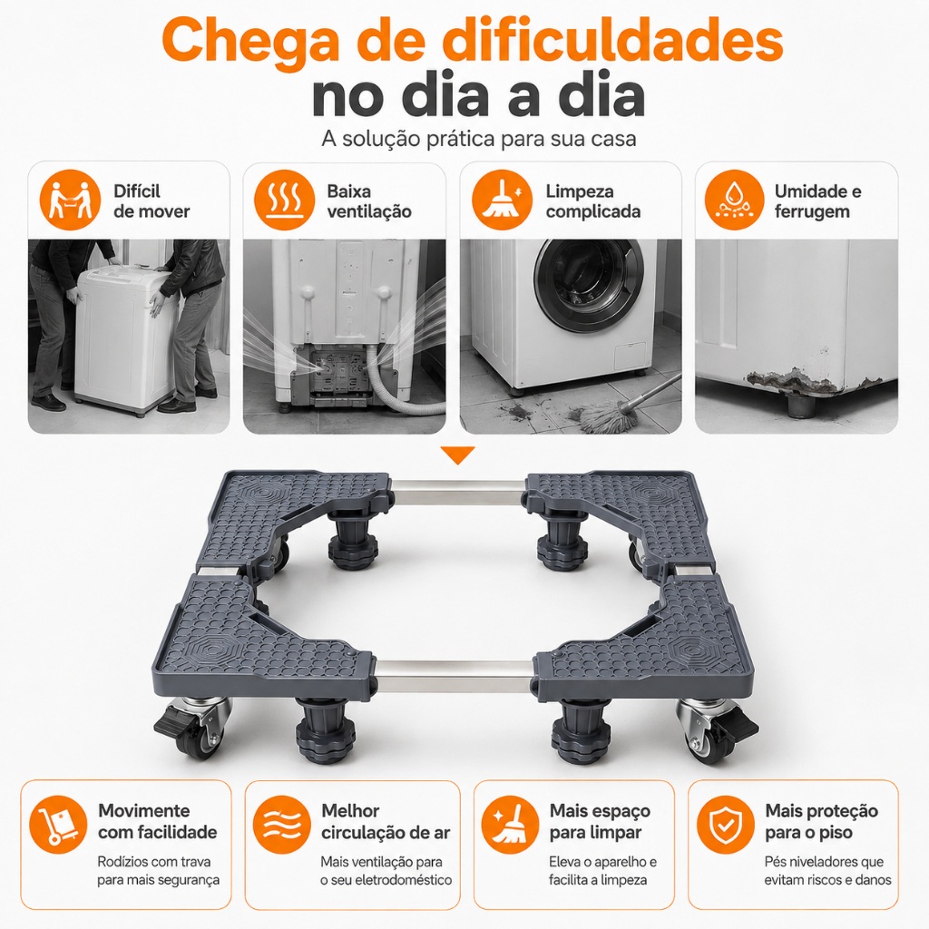 Suporte De Geladeira / Maquina De Lavar E Fogão Inox Grande Base Escalável Com Rodinhas Flexível