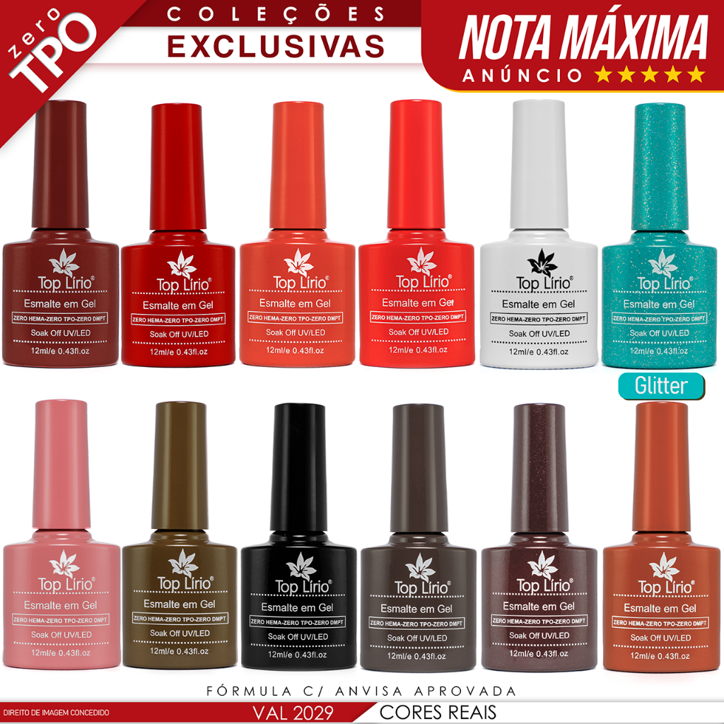 Kit 12 Esmaltes em Gel Led Uv COLEÇÕES p/ Unhas Manicure 12ml Lirio/Bella Rosa