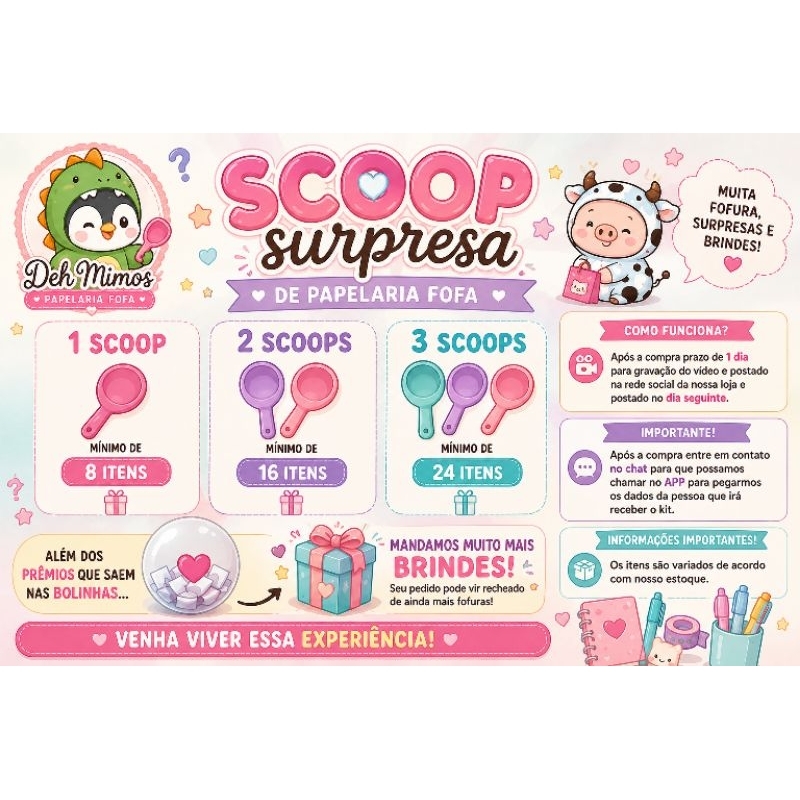 SCOOPS Surpresa Papelaria Fofa, Papelaria Kawaii