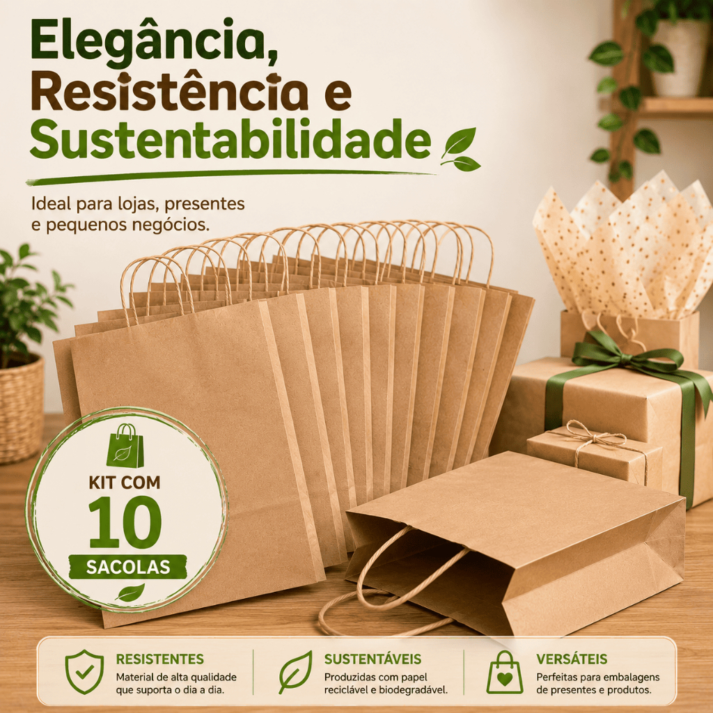 Kit 10 Sacolas Kraft Parda Com Alça Tamanho G e M Embalagem Ecológica Resistente Para Presentes embalagem delivery festa