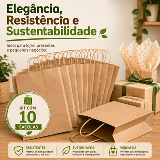 Kit 10 Sacolas Kraft Parda Com Alça Tamanho G e M Embalagem Ecológica Resistente Para Presentes embalagem delivery festa