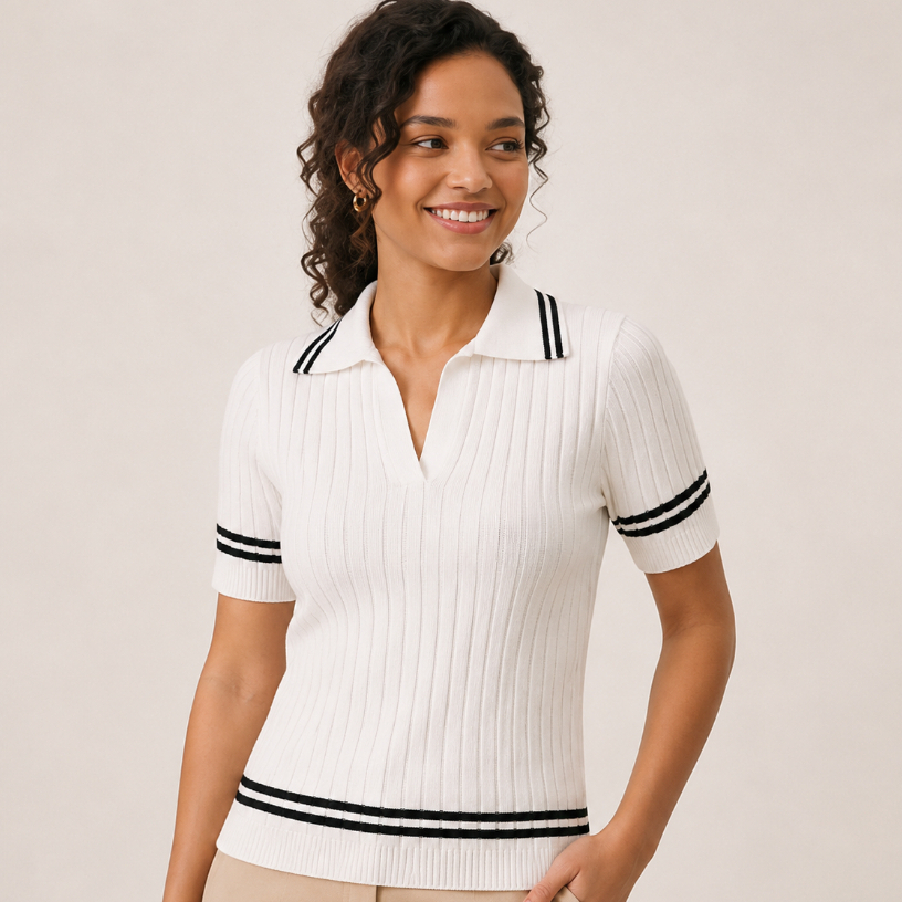 Blusa Feminina Tricot Gola Polo Canelada Modal Verão Elegante Versátil