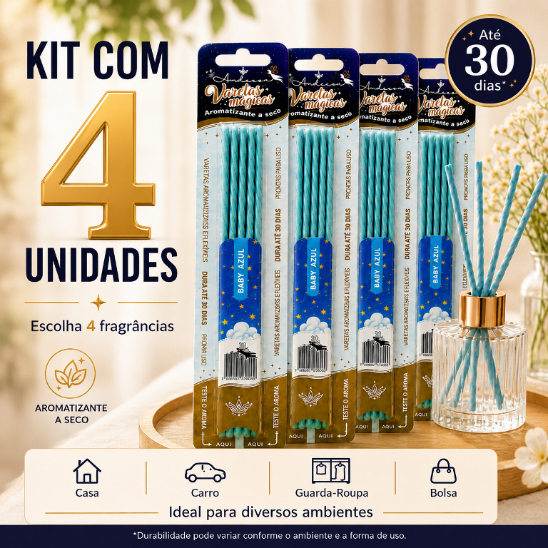 Kit 4 Varetas Aromatizantes a Seco Mágicas Para Carro Guarda Roupa Armário Gaveta Bolsa Casa