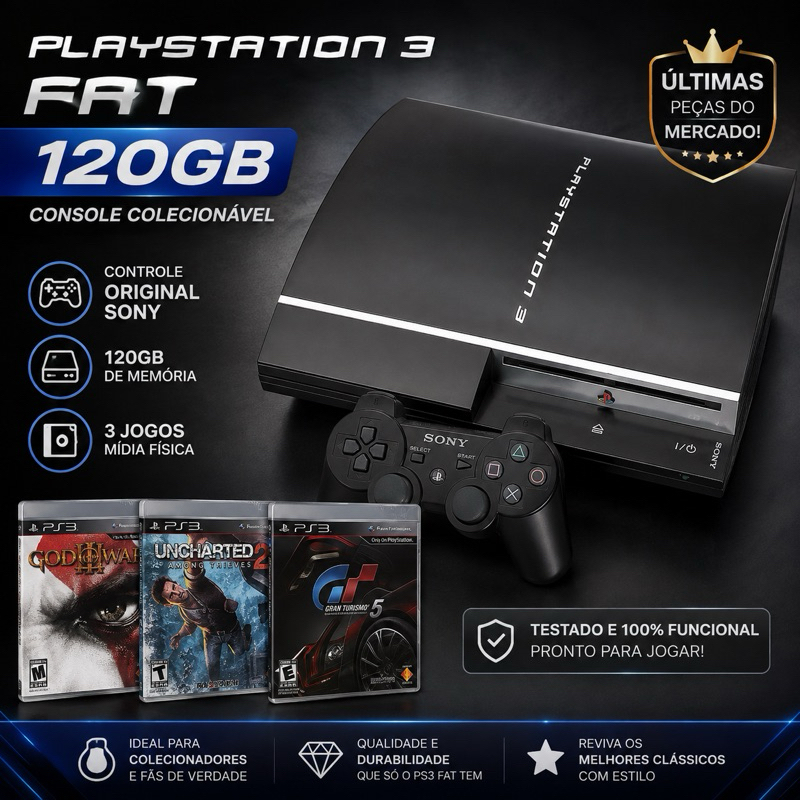 PlayStation 3 PS3 FAT 120GB Original + Controle Sony + 3 Jogos Mídia Física | Console Colecionável