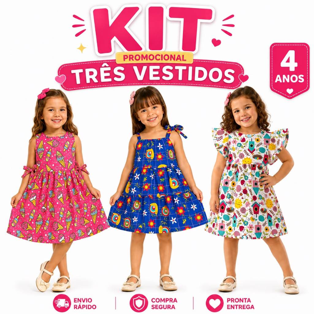 KIT 3 VESTIDOS INFANTIL MENINA 4 ANOS ESTAMPADOS ROUPA INFANTIL FEMININA