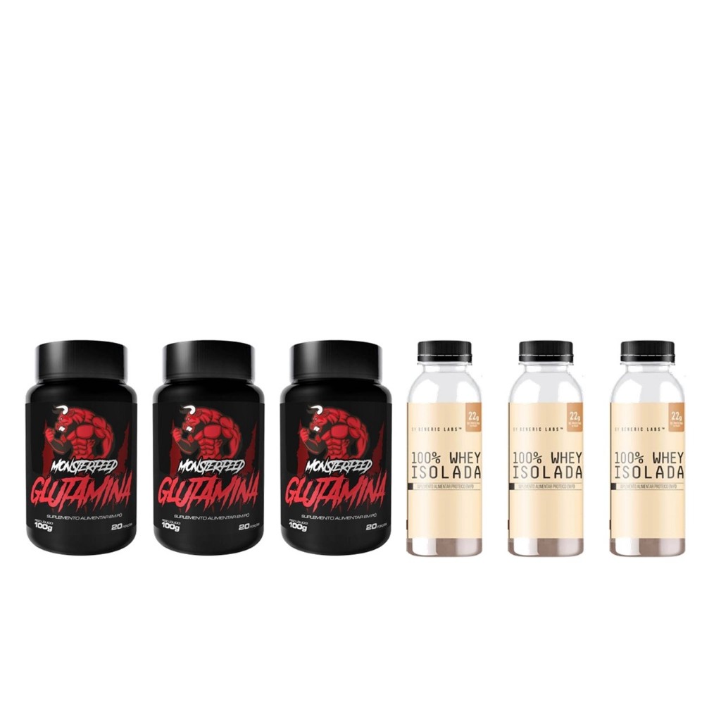 3x Glutamina pura monster 100g + 3x Whey protein isolado zero lactose 30g dose (EMPEDRADO)