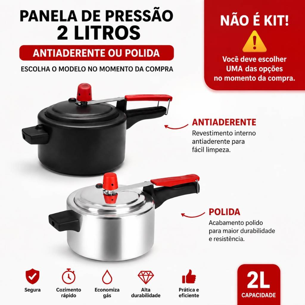 Panela De Pressão 2 Litros Aluminio Polida ou Preta Eiriflon Antiaderente Eirilar - Com Haste Limpadora - Envio Rápido
