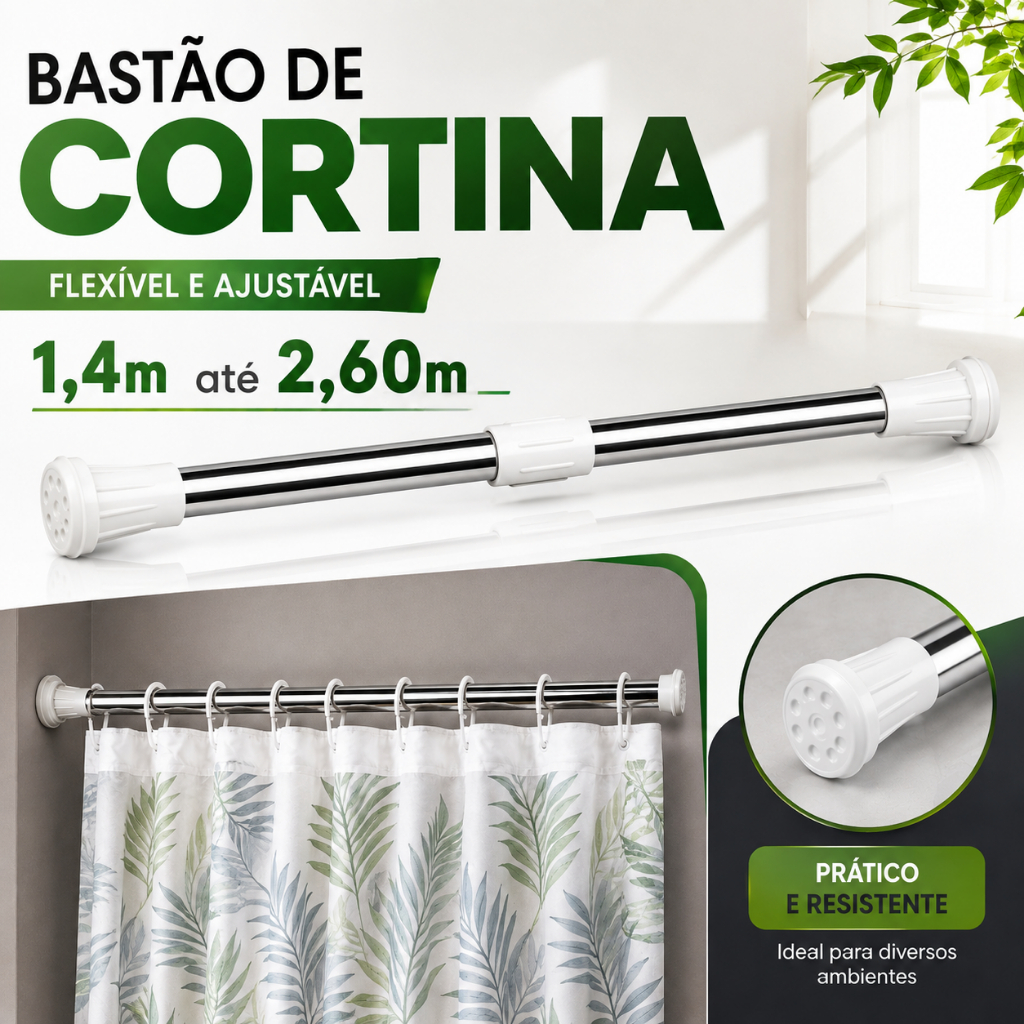 Varão Extensível 140cm a 260cm Inox Cortina Pia de Cozinha Cortina de Box Banheiro Retrátil
