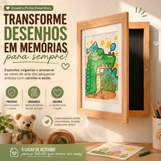 Quadro Guarda Desenhos A4 Infantil Moldura Expositora Porta Desenhos Abertura Frontal Marrom
