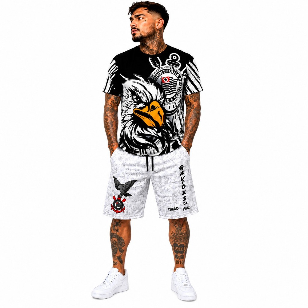 Kit Camisa + Shorts Gaviões da Fiel Masculino Torcedor Futebol Premium