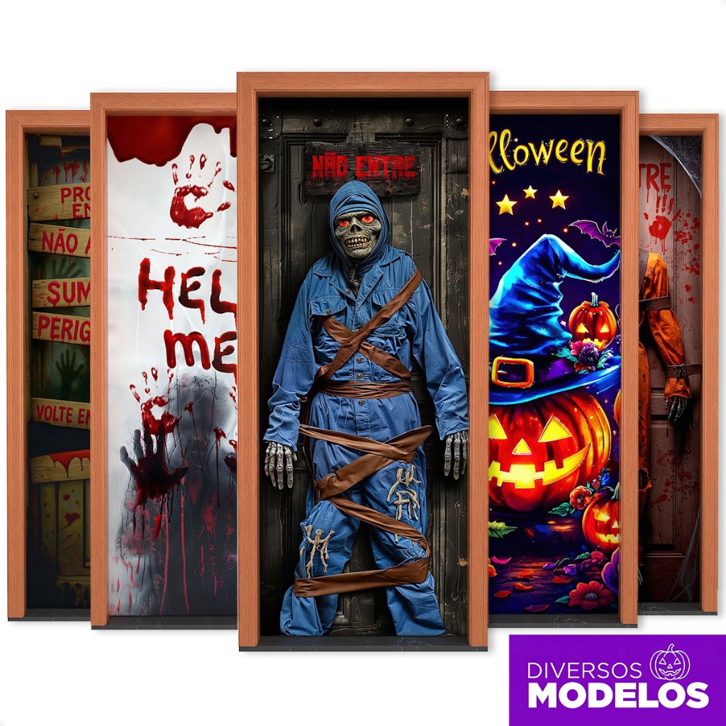 Capa De Porta Halloween Decoração Veste Fácil Sublimado Em Tecido 0,80x2,10m - D