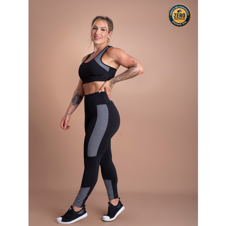 Conjunto Feminino Top Fitness Decote Costas E Calça Legging Cintura Alta Academia Detalhe Lateral ZERO TRANSPARÊNCIA
