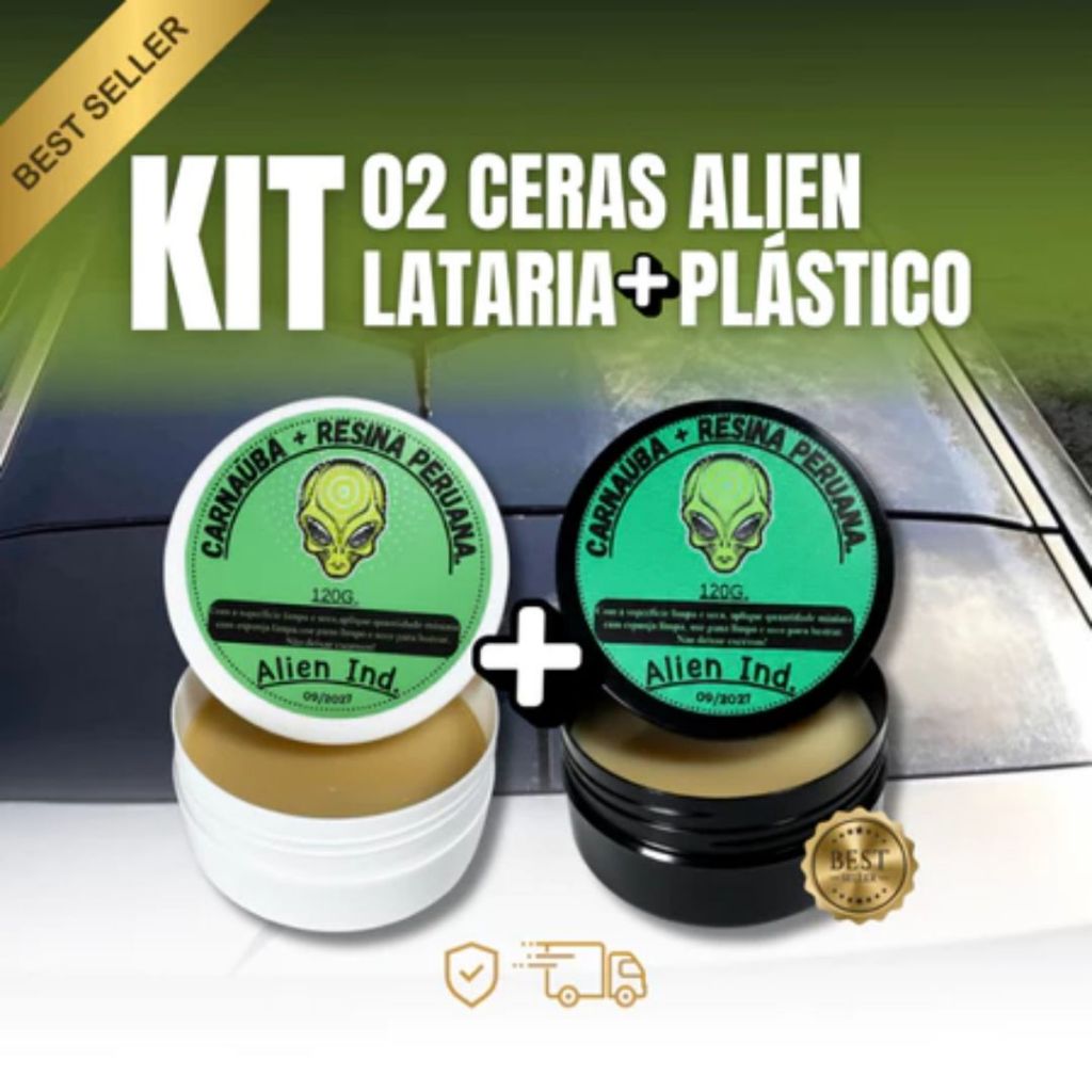 Kit 02 Ceras Alien Ind Carnaúba Automotiva Lataria e Plástico - Brilho Revitalização Proteção UV