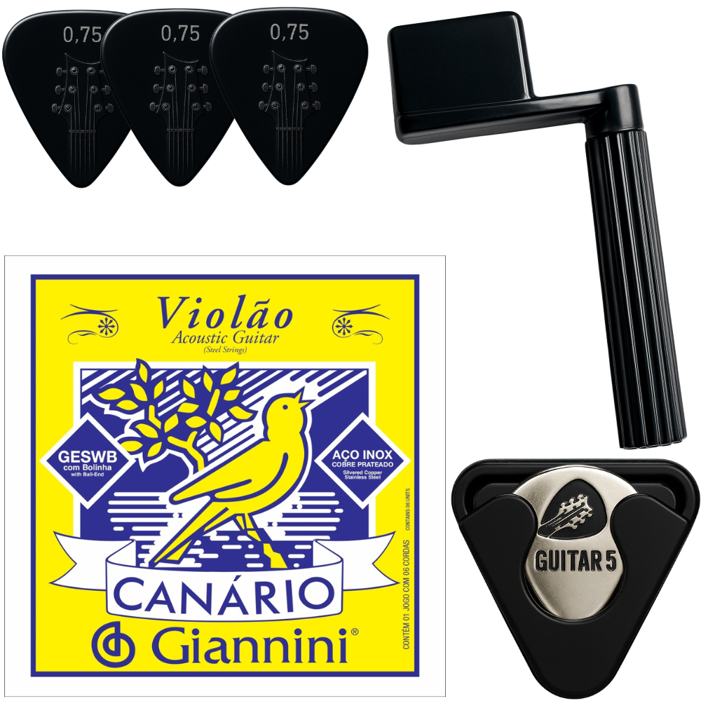 Encordoamento Cordas Violão Aço Canário Giannini 011 Com Bolinha + Palhetas + Enrolador