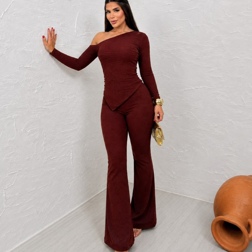 Conjunto Feminino Canelado Premium Blusa Assimétrica Manga Longa Calça Flare Pantalona