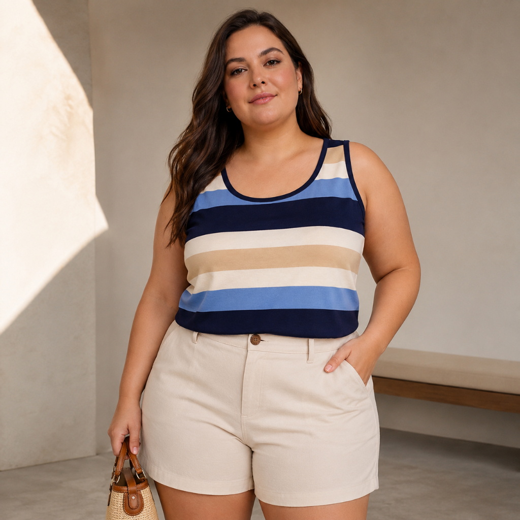 Blusa Regata Feminina Plus Size Viscolycra Listrada Casual Confortável Leve Verão Moda Feminina Básica Dia a Dia
