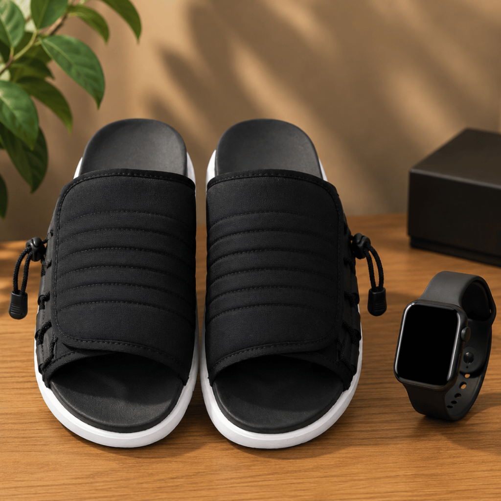 Kit Chinelo Masculino Slide Asuna 2.0 Confortável Anatômico Macio Ajustável Antiderrapante + Relógio Digital LED Casual