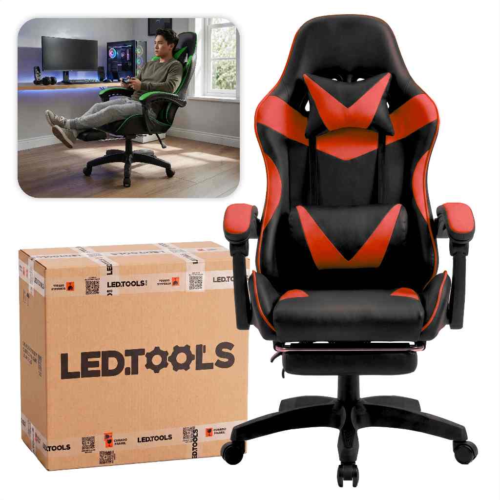 Cadeira Gamer Cor Vermelha Ergonômica Estofada Couro Sintético Giratória Com Apo