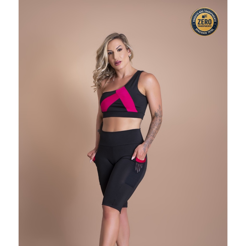 Conjunto Fitness Feminino Bermuda Bolso E Top Cropped Faixa Ombro Moda Academia ZERO TRANSPARÊNCIA