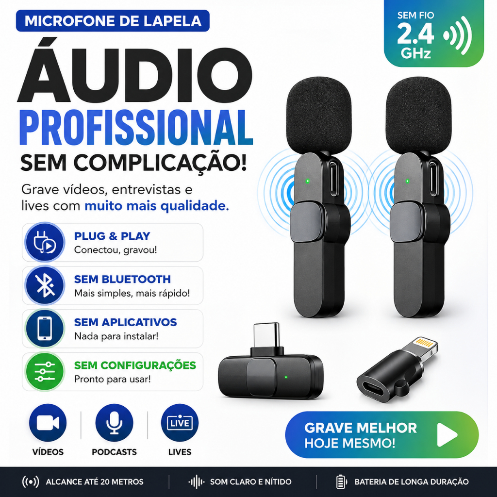 Microfone Lapela Sem Fio Duplo Tipo C e Lightning para Celular iPhone Android BM-221