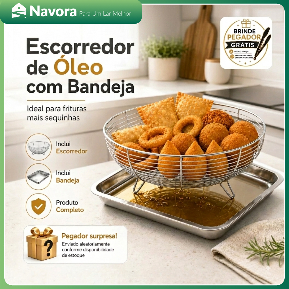 Escorredor e Bandeja Multiuso Inox para Macarrão Frituras Salgados com Pegador Grátis