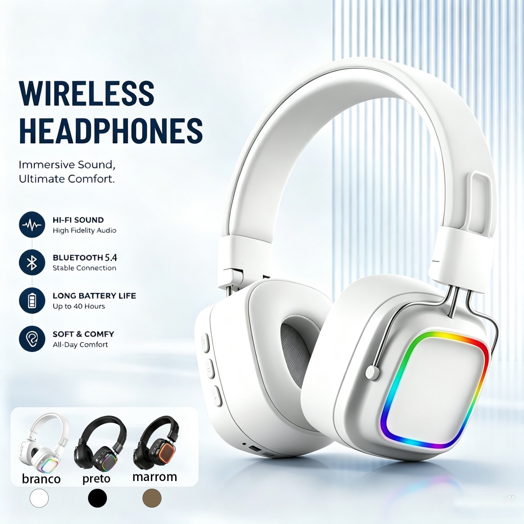 Fone Over Ear Sem Fio Bluetooth 5.4 com RGB Retrô | Compatível com PC, Notebook e Celular