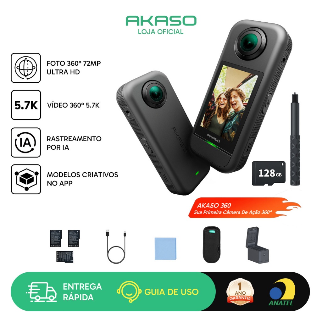 Câmera Ação 360° AKASO 360 5.7K30fps Touch 2.29" Wi-Fi Bluetooth com Cartão 128GB