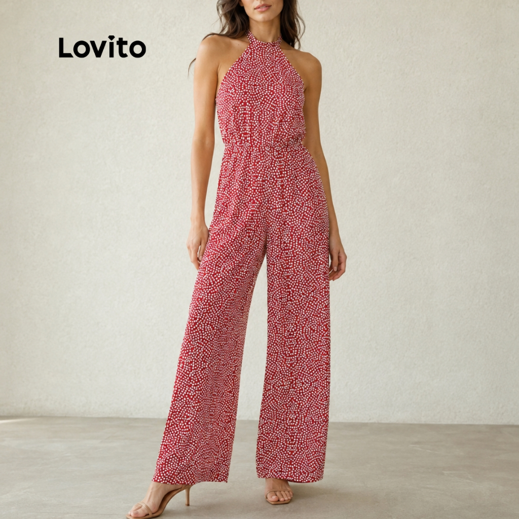 Lovito Macacão Longo Sem Mangas Alfaiataria Acinturado Moda Elegante Poá para Mu