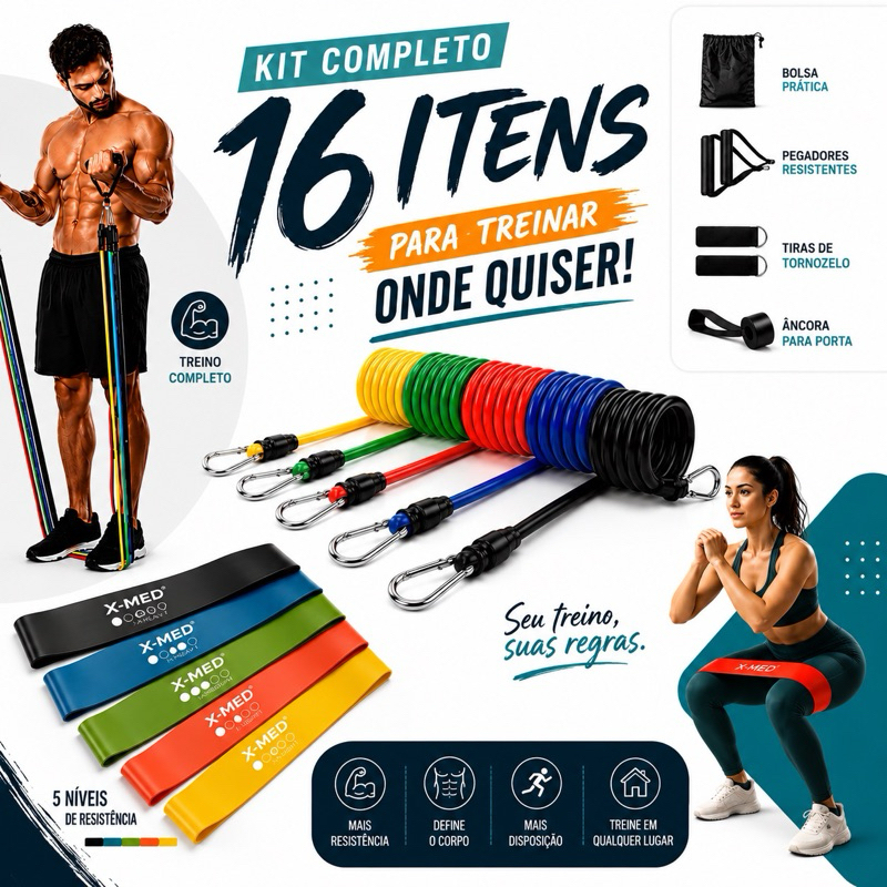 Kit 16 Itens Treino em Casa com Elásticos e Mini Bands