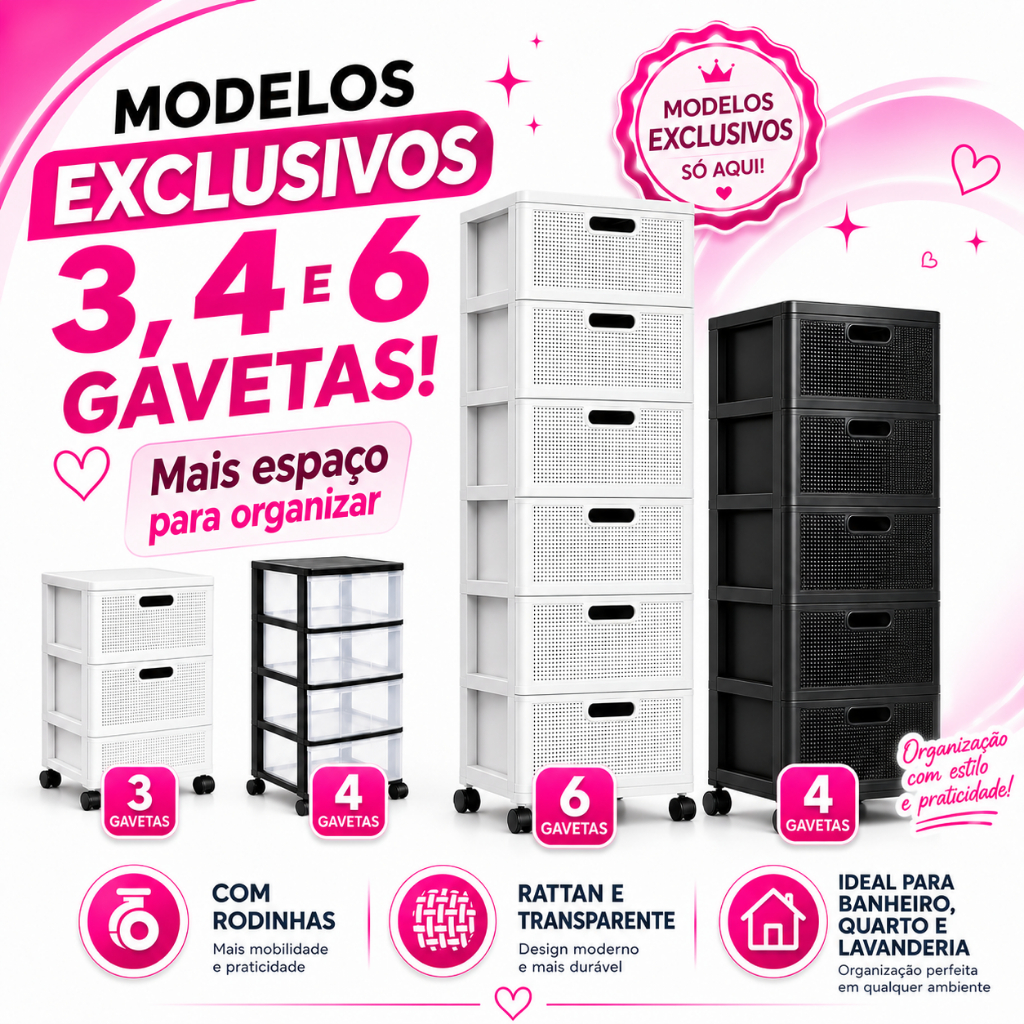 Gaveteiro Porta Tudo Com Rodas e 3, 4, 5 e 6 Gavetas Organizador - Comoda/Sapateira/Armario