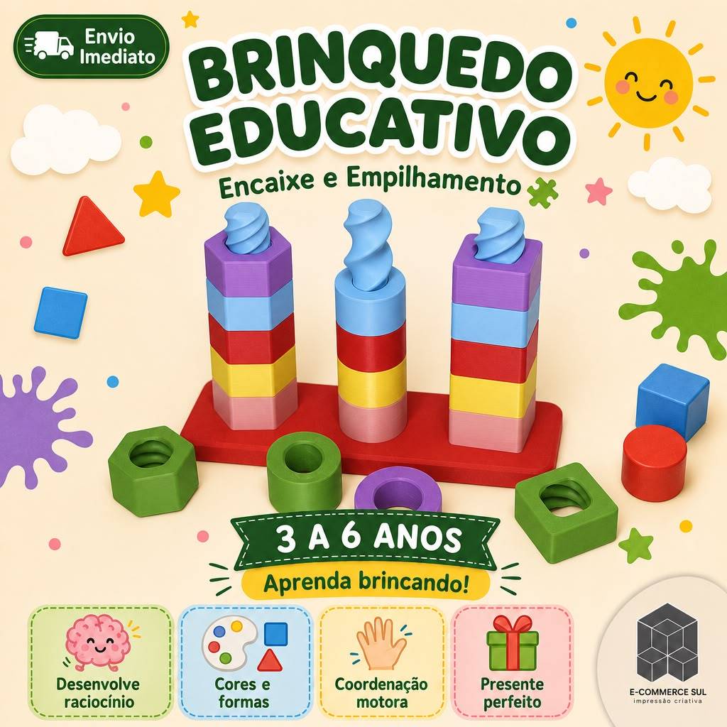 Brinquedo Educativo Montessori Rosca Formas Geométricas Encaixe Para Parafusar Coordenação Motora Pedagógico Infantil