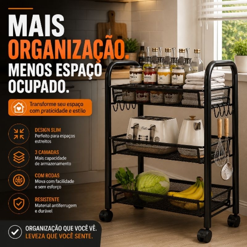 Carrinho Organizador Slim 3 Andares com Rodinhas Multiuso Cozinha Banheiro Lavanderia Preto