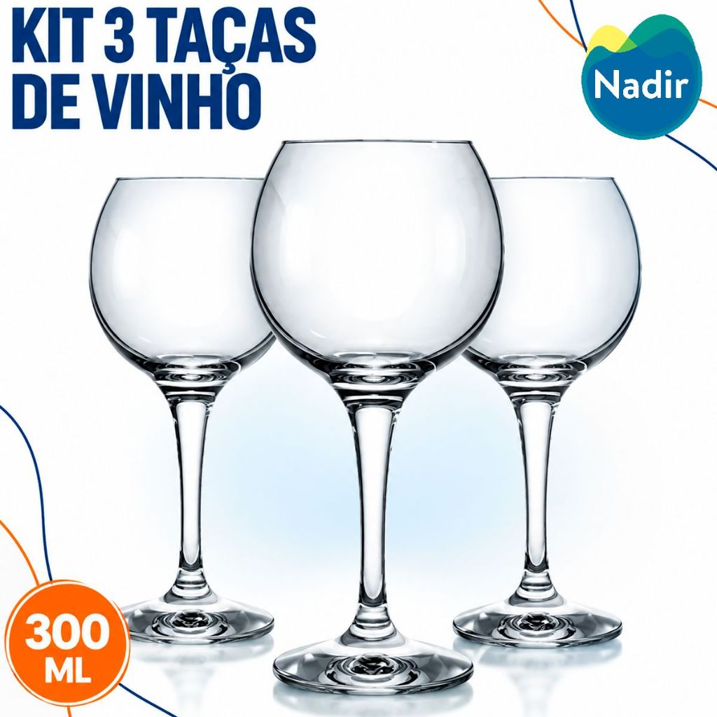 Kit 3 Taças de Vinho Celebra 300ml Vidro Taça Tinto Branco Água Cálice Drink Bar Jantar Casamento