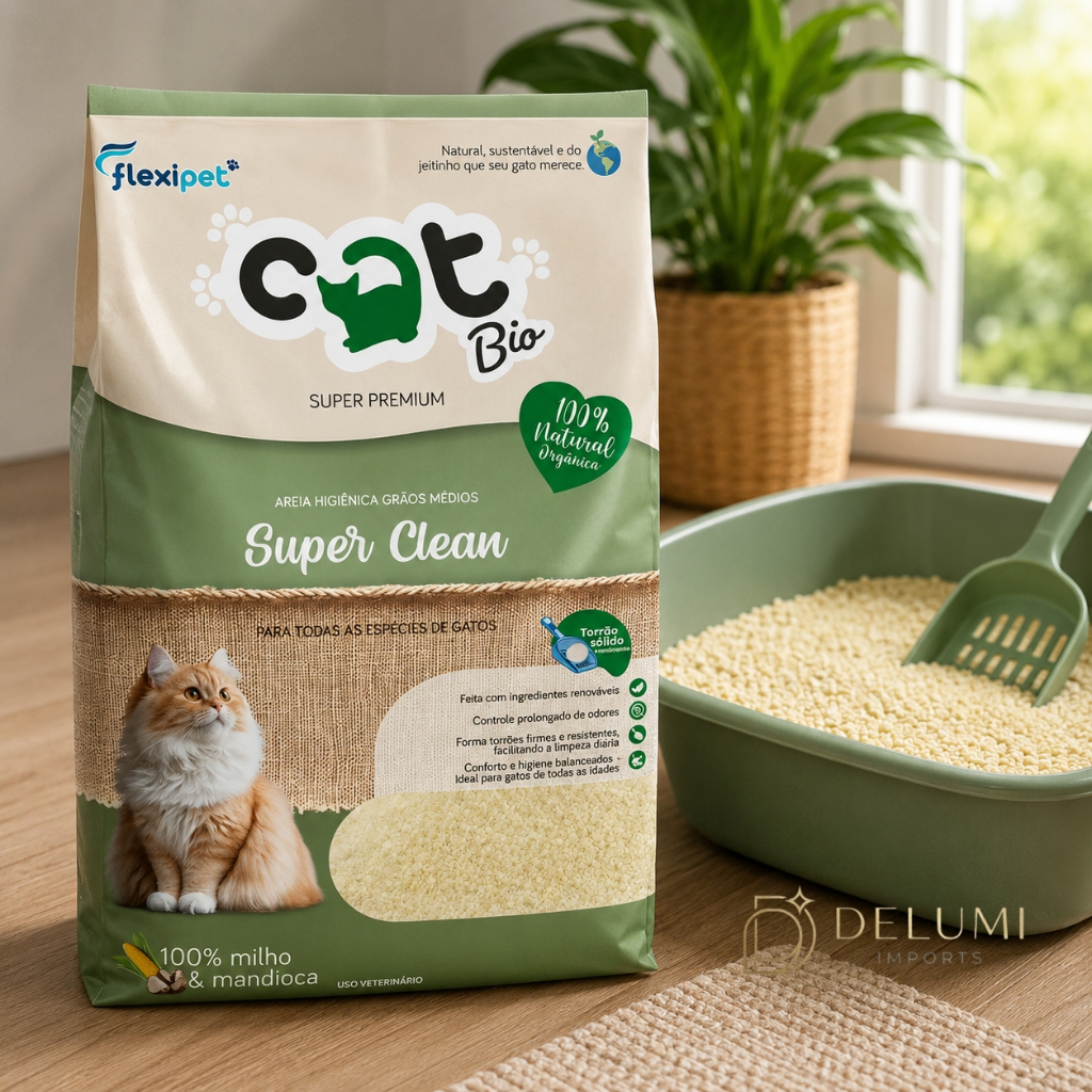 Areia Sanitária Catbio Super Clean 4kg Grãos Médios Milho e Mandioca Biodegradável Torrão Firme Sem Poeira