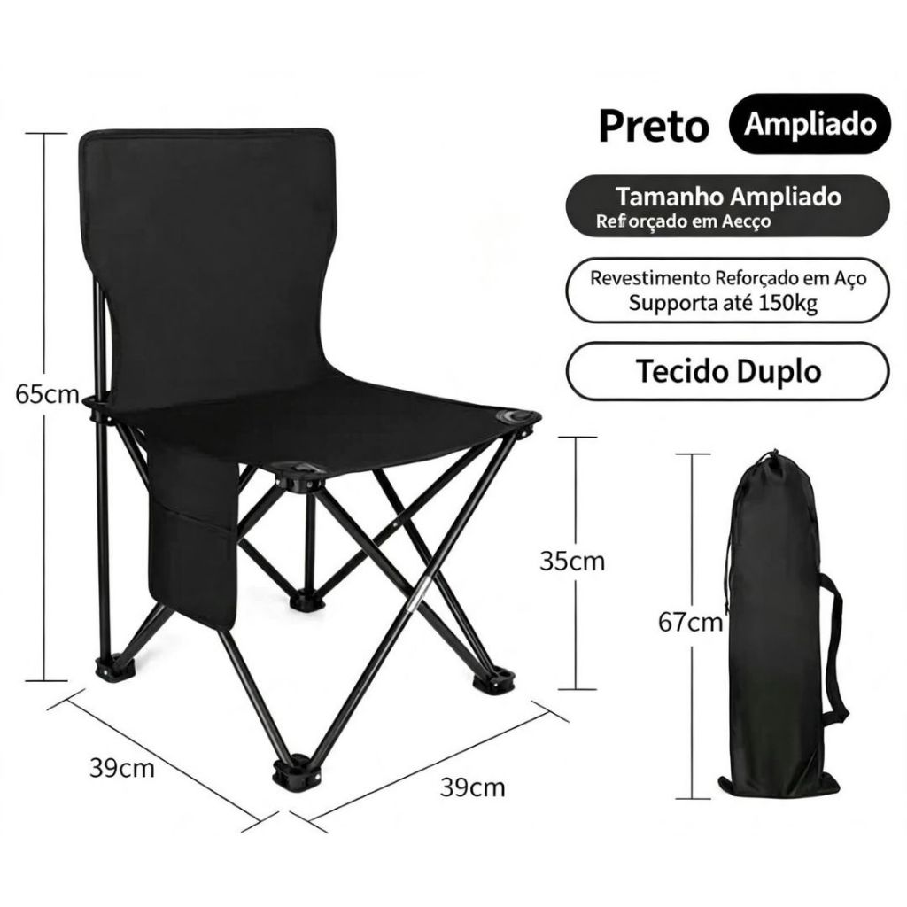 Cadeira Dobrável Camping Reforçada Suporta 150kg Portátil com Bolsa