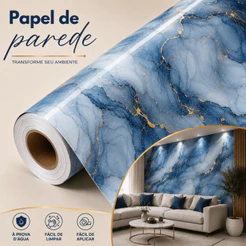 Papel de Parede Adesivo Mármore Azul Dourado Luxo Lavável Autocolante Fácil Aplicação Sala Quarto Lavabo