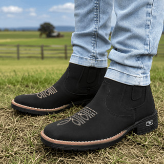 Botina texana masculina com sola de borracha salto 4 cm e palmilha EVA macia bico quadrado
