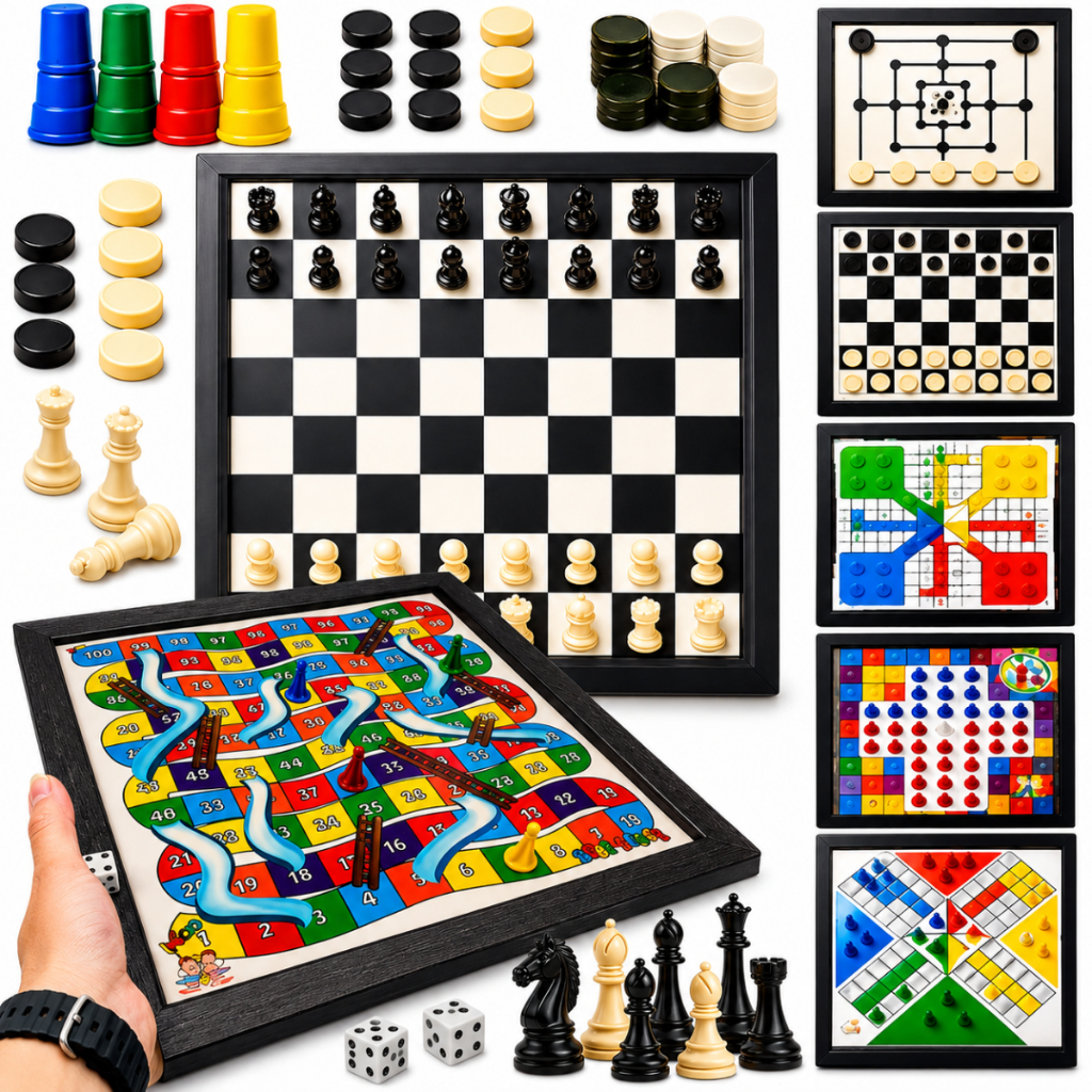 Jogos de Tabuleiro 7 em 3 Clássicos Educativos Xadrez Dama Jogo da Velha Ludo Sobe Desce Trilha Resta 1