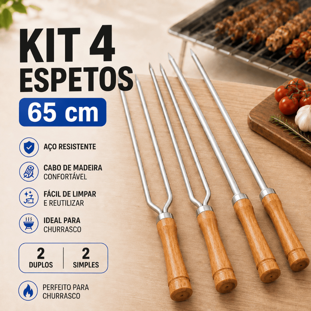 Kit 4 Espetos 65 cm para Churrasco 2 Duplos + 2 Simples Aço Cromado Cabo de Madeira