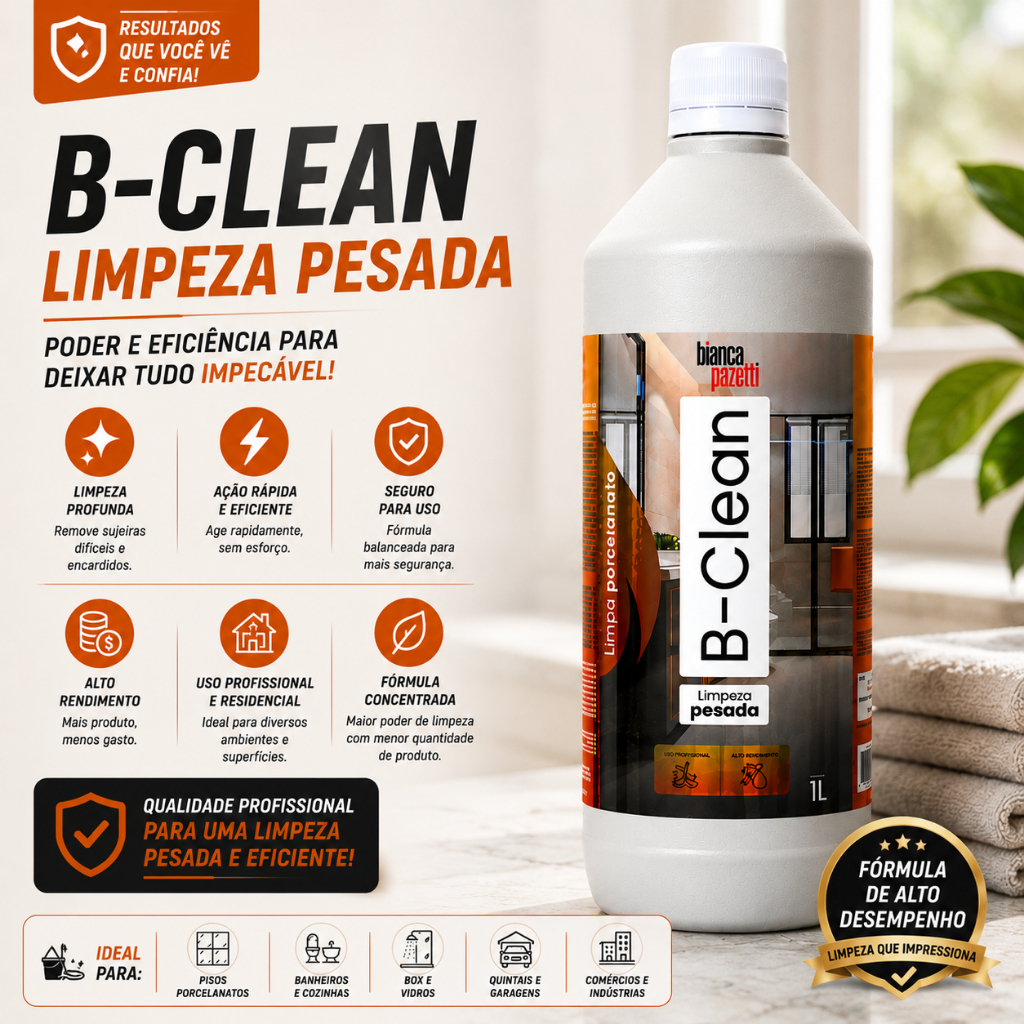 Limpa Porcelanato B-Clean 1L Limpeza Pesada para Pisos Cerâmicas Rejuntes