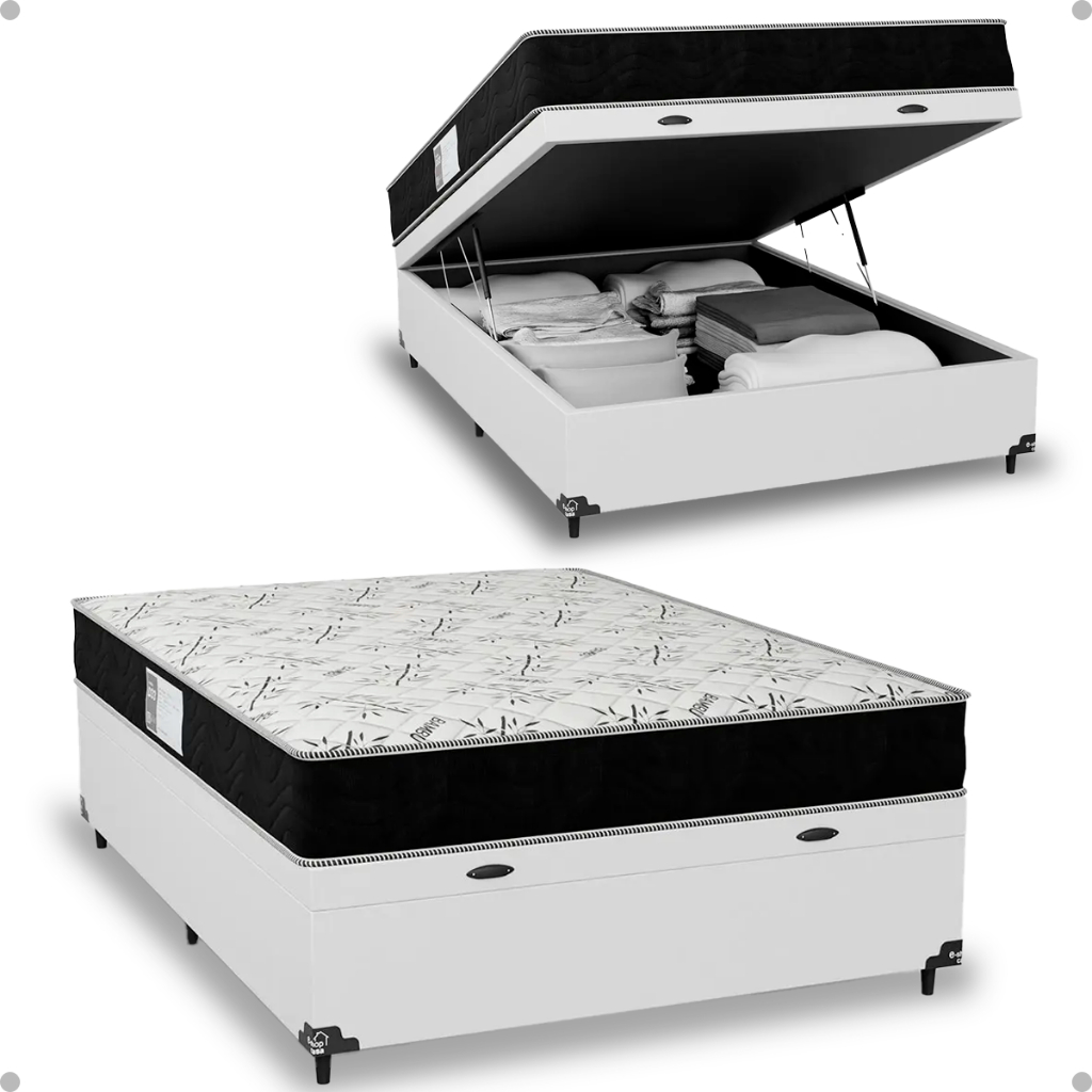 Cama Box Baú Casal + Colchão D33 One Face - Couro Branco