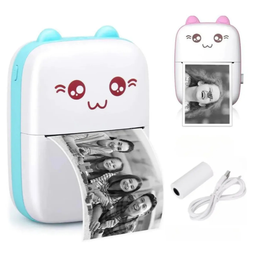 Mini Impressora Térmica Bluetooth Portátil Gatinho 200 Dpi Rosa ou Azul
