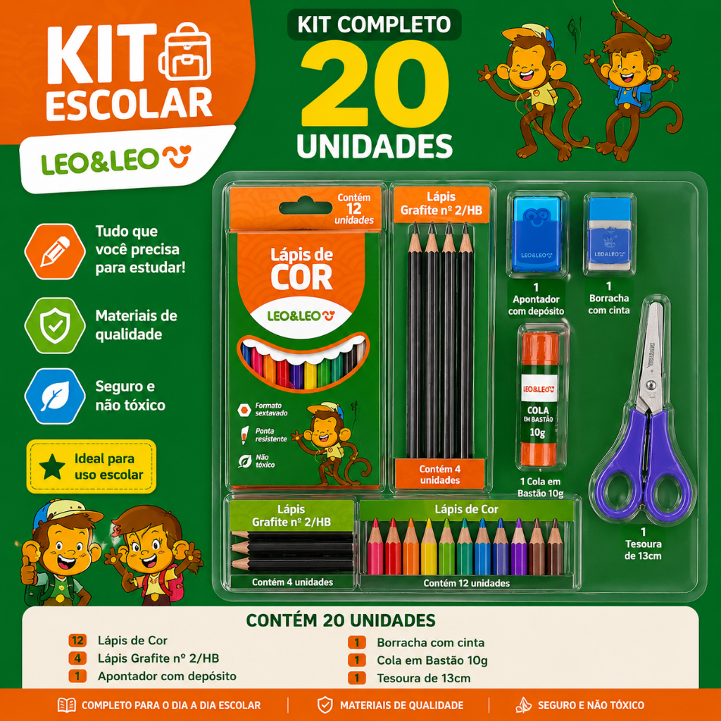 Kit Escolar Completo 20 Unidades com Lápis de Cor Grafite Tesoura Cola Borracha e Apontador