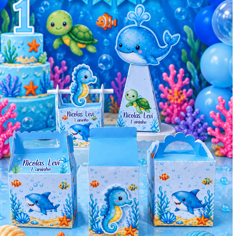Kit Festa Fundo do Mar Personalizado Caixinhas Lembrancinhas Aniversário Infantil