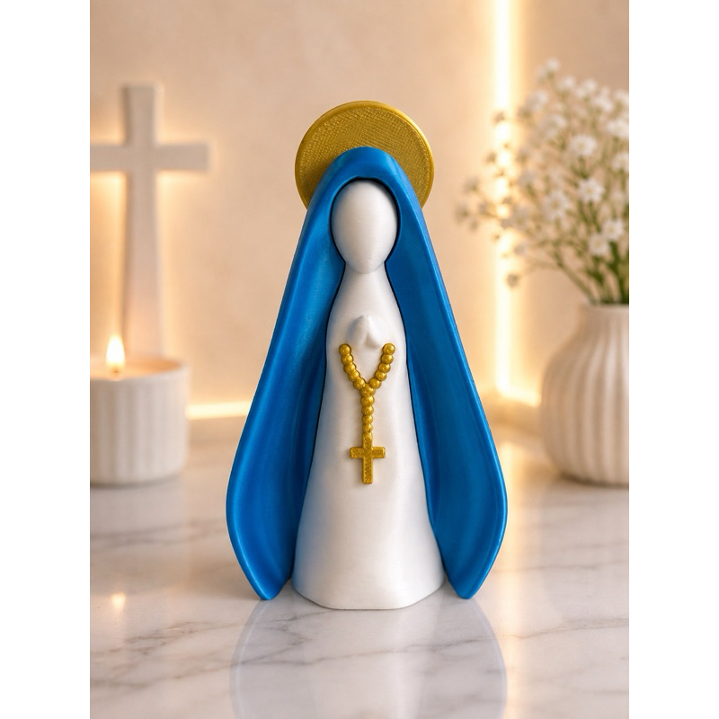 Imagem Nossa Senhora Decorativa 13cm com Terço – Enfeite Religioso para Cantinho da Fé